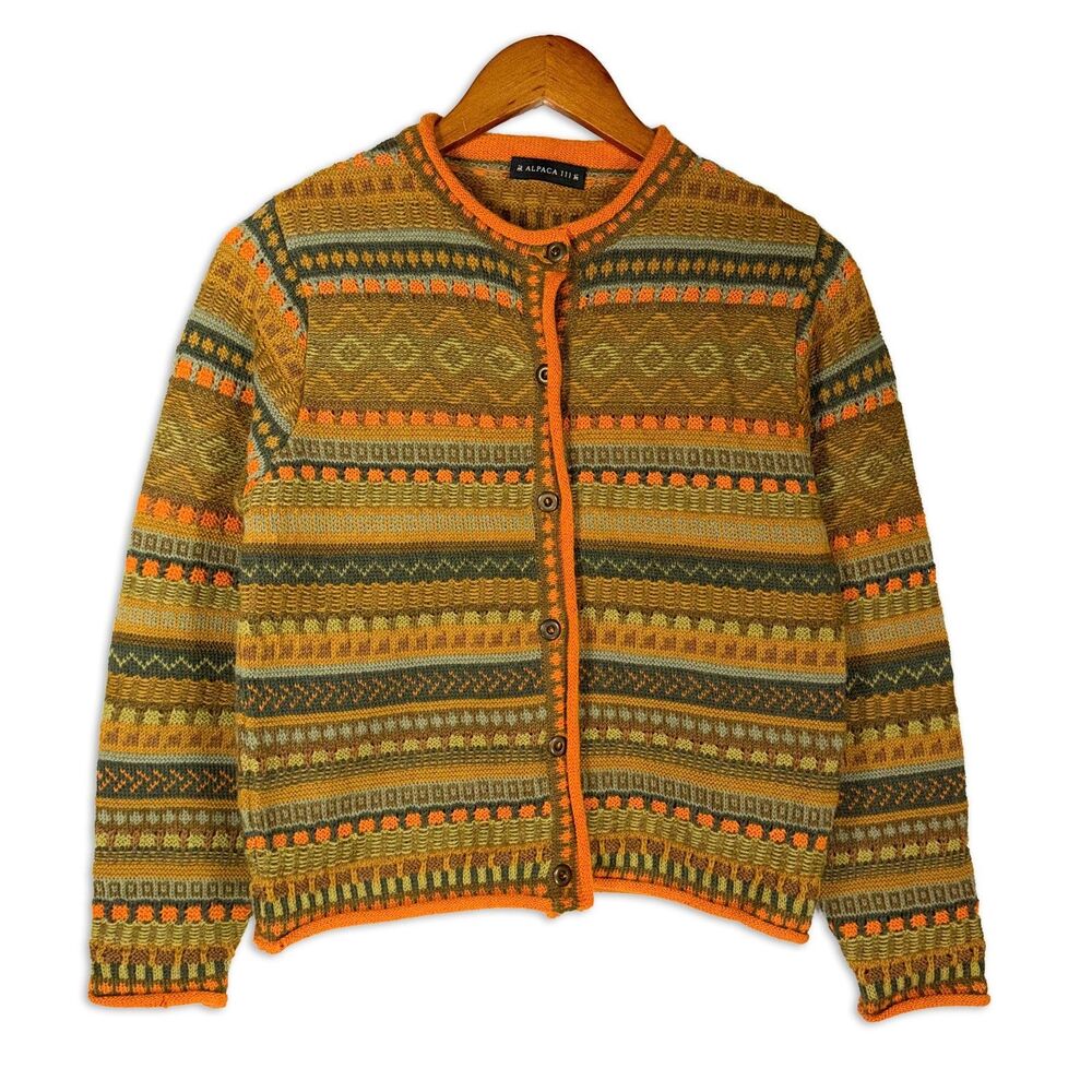 Alpaca 111 Knit Wool Cardigan Sweater Fair Isle Orange Boho Made in Peru XS